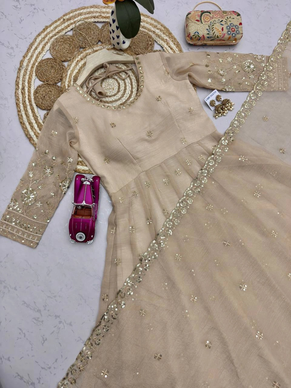 Beige Sequins Embroidered Suit Side View Showing Straight Pant